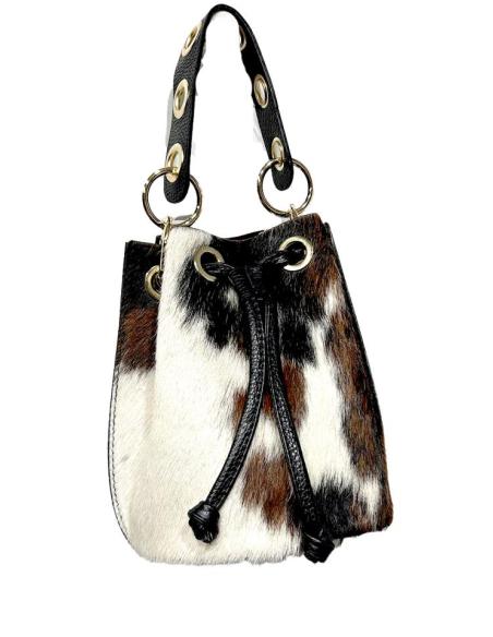 BOLSOS PIEL ANIMAL PRINT DE VACA CON ASA CORTA EN BLANCO NEGRO Y MARRON