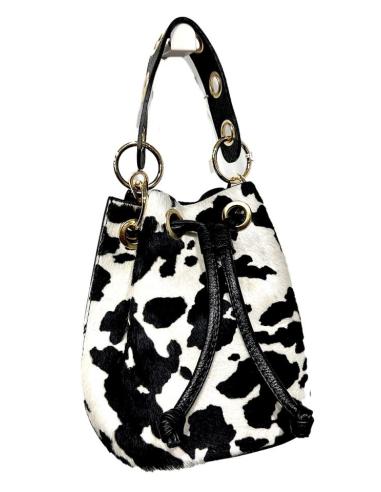 BOLSOS PIEL ESTAMPADO VACA EN BLANCO Y NEGRO Y ASA CORTA Y CADENA DORADA LARGA