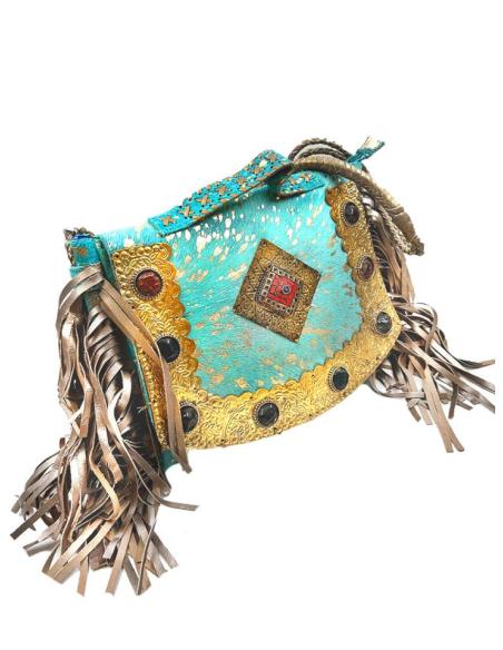 BOLSOS PIEL AZULES TURQUESA CLARO CON FLECOS Y BELLA DECORACION ARTESANAL