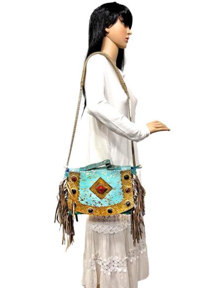 BOLSOS PIEL AZULES TURQUESA CLARO CON FLECOS Y BELLA DECORACION ARTESANAL