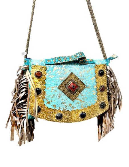 BOLSOS PIEL AZULES TURQUESA CLARO CON FLECOS Y BELLA DECORACION ARTESANAL
