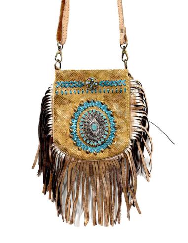 BOLSOS DE PIEL DORADOS CON FLECOS Y ROSETON BOHO TURQUESA TRABAJO UNICO ARTESANAL