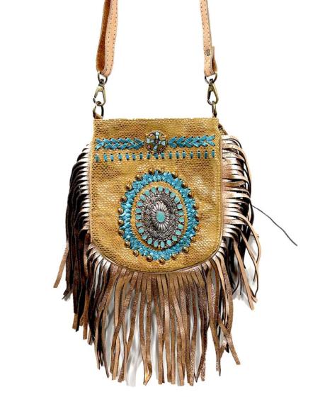 BOLSOS DE PIEL DORADOS CON FLECOS Y ROSETON BOHO TURQUESA TRABAJO UNICO ARTESANAL