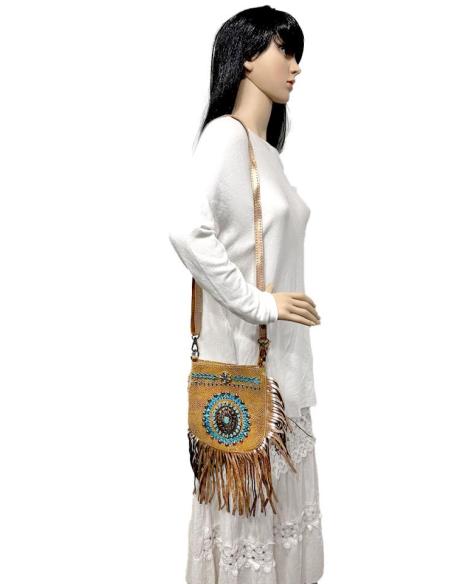 BOLSOS DE PIEL DORADOS CON FLECOS Y ROSETON BOHO TURQUESA TRABAJO UNICO ARTESANAL