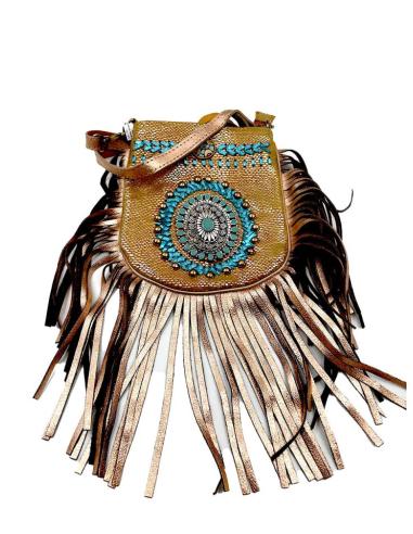 BOLSOS DE PIEL DORADOS CON FLECOS Y ROSETON BOHO TURQUESA TRABAJO UNICO ARTESANAL