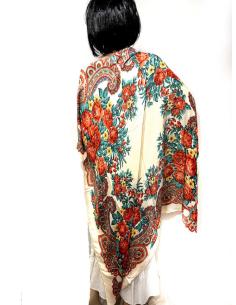 PAÑUELOS DE MUJERE BEIGE CON BONITAS FLORES ROJAS Y VERDES