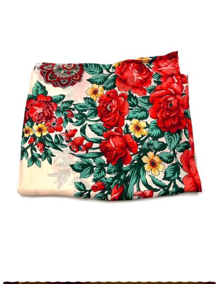 PAÑUELOS DE MUJERE BEIGE CON BONITAS FLORES ROJAS Y VERDES