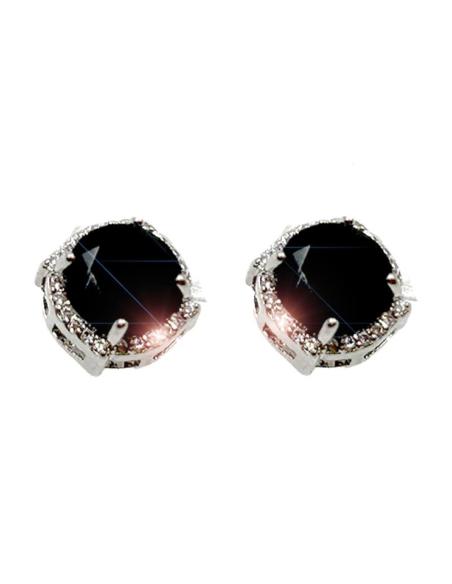 PENDIENTES PEQUEÑOS NEGROS DE MUJER CON CIRCONITAS Y ENGARCE PLATEADO