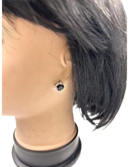 PENDIENTES PEQUEÑOS NEGROS DE MUJER CON CIRCONITAS Y ENGARCE PLATEADO