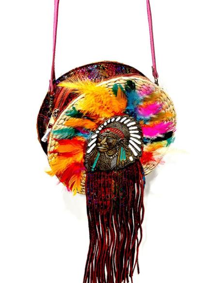 BOLSOS MUJER DE MIMBRE REDONDOS CON FLECOS PIEL DE CUERO ANIMAL PRINT