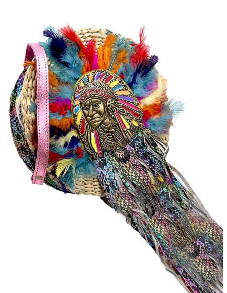 BOLSOS MIMBRE REDONDOS CON FLECOS PIEL DE CUERO Y JEFE INDIO ESTILO BOHO CHIC