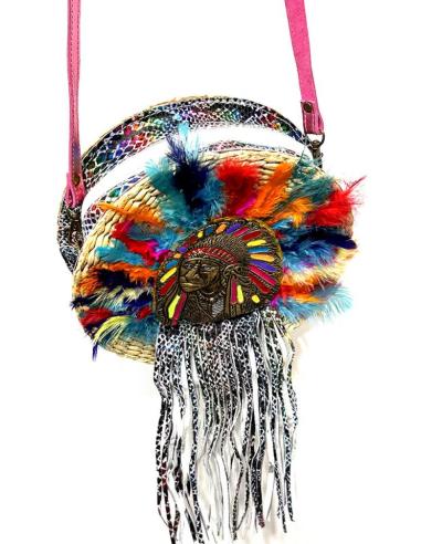 BOLSOS MIMBRE REDONDOS CON FLECOS PIEL DE CUERO Y JEFE INDIO ESTILO BOHO CHIC