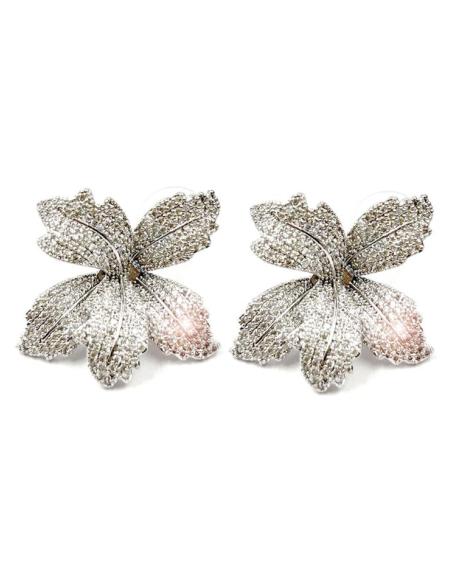 PENDIENTES PLATEADOS CORTOS PARA BODAS BELLA FLOR DE PAVE