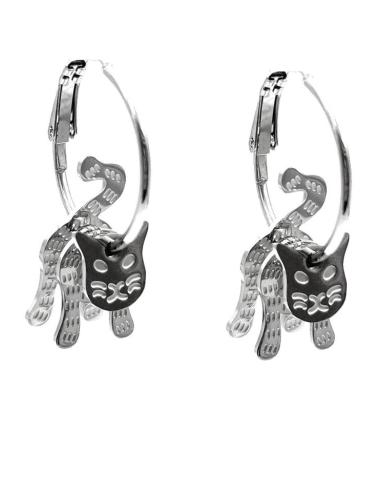 PENDIENTES DE AROS PLATEADOS CON GATO 3D MOVIL DE ACERO