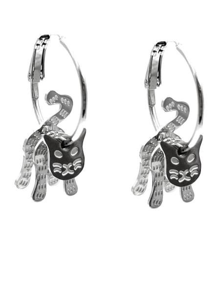 PENDIENTES DE AROS PLATEADOS CON GATO 3D MOVIL DE ACERO
