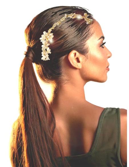 TOCADOS PARA NOVIAS DE BODAS EN DORADO CON FLORES DE CRITAL Y HOJITAS