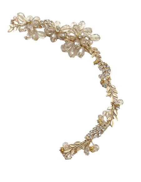 TOCADOS PARA NOVIAS DE BODAS EN DORADO CON FLORES DE CRITAL Y HOJITAS