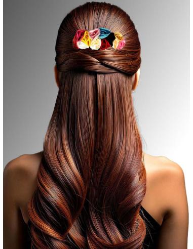 MUJER CON PEINETA DE FLORES MULTICOLORES PARA BODA Y EVENTO