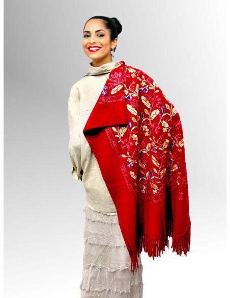 PAÑUELOS MUJER ROJOS CON BORDADOS TIPO MANTON PASHMINA