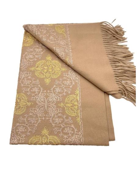 PAÑUELOS MARRONES TONO CAMEL Y BORDADOS DORADOS PASHMINA CHAL PARA INVIERNO