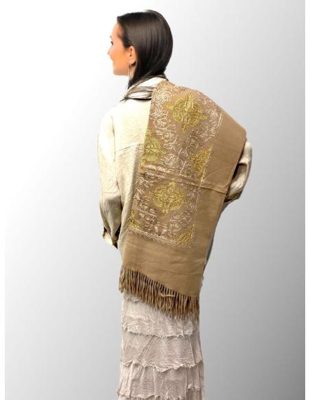 PAÑUELOS MARRONES TONO CAMEL Y BORDADOS DORADOS PASHMINA CHAL PARA INVIERNO