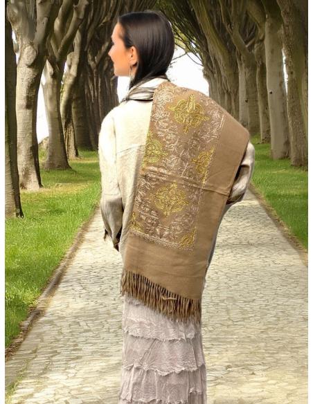 PAÑUELOS MARRONES TONO CAMEL Y BORDADOS DORADOS PASHMINA CHAL PARA INVIERNO