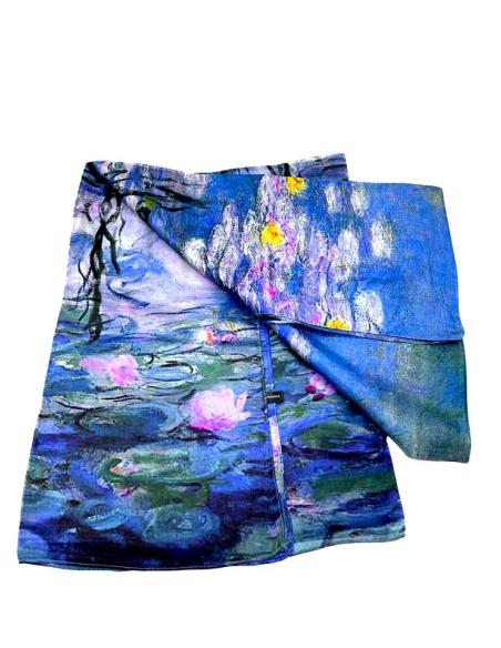 PAÑUELOS SEDA AZULES CON NENUFARES FUCIAS | EL JARDIN DEL DESEO