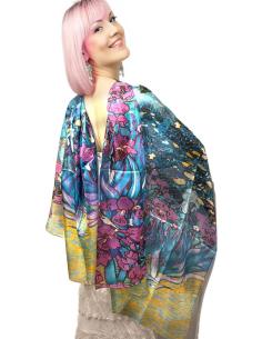 PAÑUELOS SEDA LIRIOS BUGAMBILIAS Y TURQUESAS | EL JARDIN DEL DESEO