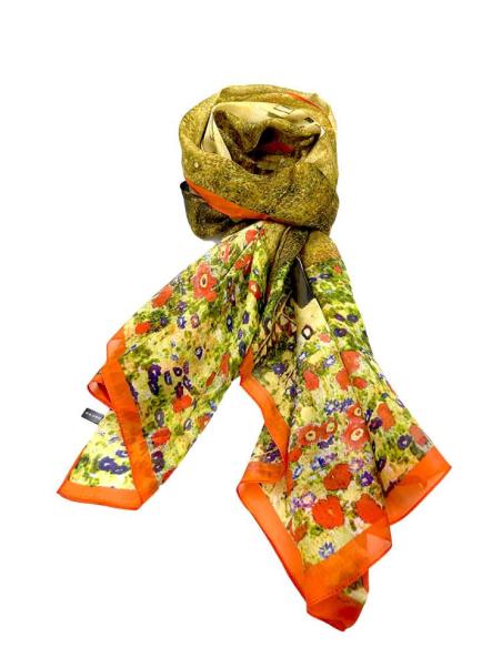 PAÑUELOS SEDA AMARILLOS ESTAMPADO EL BESO | EL JARDIN DEL DESEO
