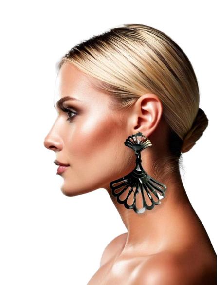 PENDIENTES LARGOS NEGROS ABANICO CUERNO BUFALO | EL JARDIN DEL DESEO