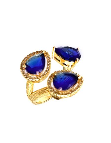 ANILLOS DORADOS DE BODA CON PEDRERIA AZUL ZAFIRO