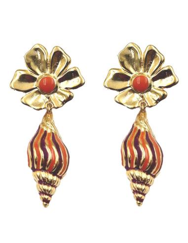 PENDIENTES DORADOS DE FLOR Y CARACOLA GRANATE NARANJA | EL JARDIN DEL DESEO