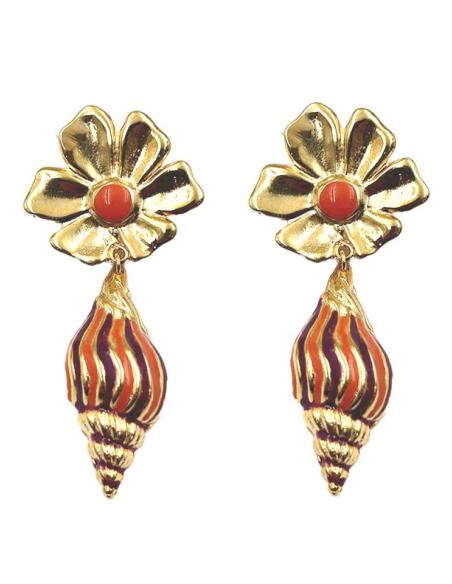 PENDIENTES DORADOS DE FLOR Y CARACOLA GRANATE NARANJA | EL JARDIN DEL DESEO