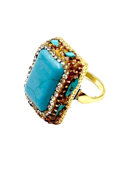 ANILLOS DE PIEDRA AZULES TURQUESAS TALLA CUADRADA Y DETALLES DORADOS
