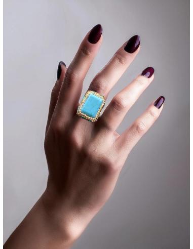 ANILLOS DE PIEDRA AZULES TURQUESAS TALLA CUADRADA Y DETALLES DORADOS