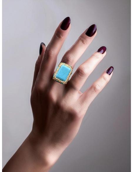 ANILLOS DE PIEDRA AZULES TURQUESAS TALLA CUADRADA Y DETALLES DORADOS