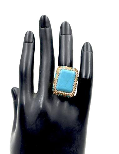 ANILLOS DE PIEDRA AZULES TURQUESAS TALLA CUADRADA Y DETALLES DORADOS