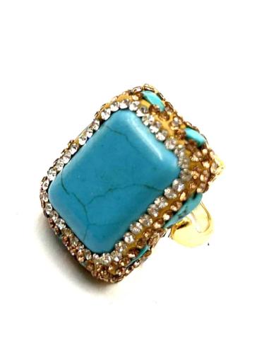 ANILLOS DE PIEDRA AZULES TURQUESAS TALLA CUADRADA Y DETALLES DORADOS