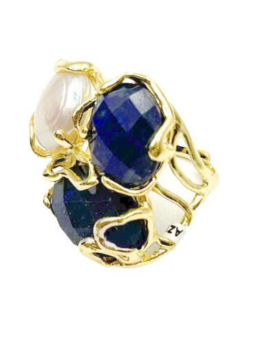 ANILLOS MUJER AZULES LAPISLAZULI CON PERLA DISEÑO GRANDE Y VISTOSO