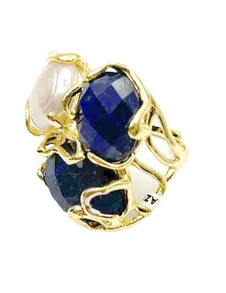 ANILLOS MUJER AZULES LAPISLAZULI CON PERLA DISEÑO GRANDE Y VISTOSO