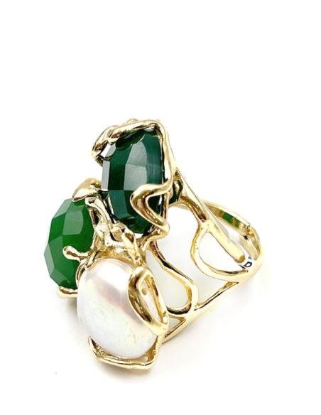 ANILLOS MUJER VERDES ESMERALDA CON PERLA DISEÑO GRANDE Y VISTOSO
