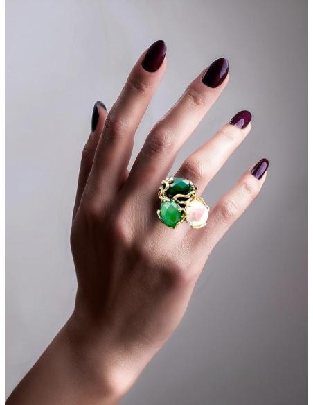 ANILLOS MUJER VERDES ESMERALDA CON PERLA DISEÑO GRANDE Y VISTOSO