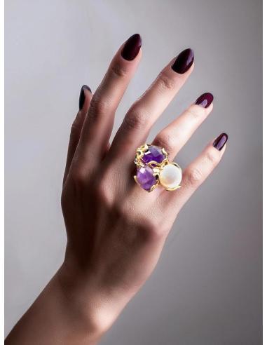ANILLOS MUJER MORADOS AMATISTA CON PERLA DISEÑO GRANDE Y VISTOSO