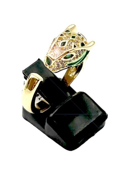 ANILLOS DORADOS SORTIJA CABEZA LEOPARDO CON DETALLES NEGROS