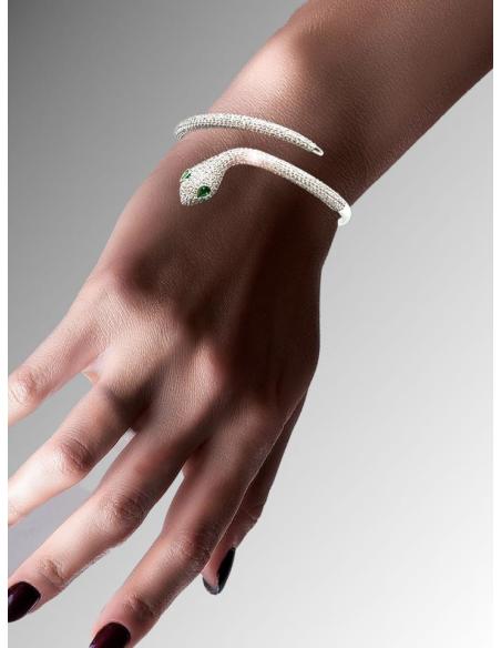 PULSERAS PLATEADAS DE SERPIENTE CON OJOS ESMERALDA Y FINAS CIRCONITAS