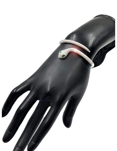 PULSERAS PLATEADAS DE SERPIENTE CON OJOS ESMERALDA Y FINAS CIRCONITAS