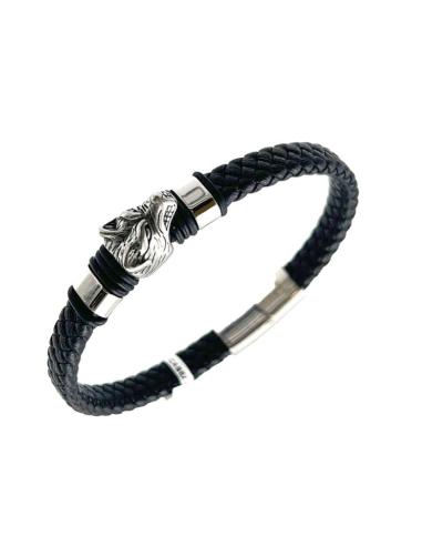 PULSERAS HOMBRE CUERO NEGRO Y CABEZA LOBO ACERO | EL JARDIN DEL DESEO