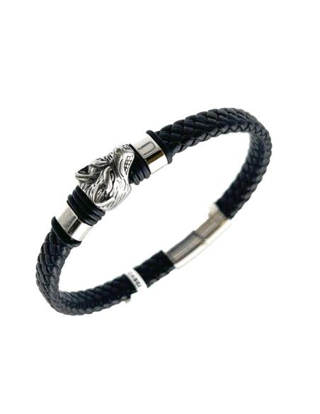 PULSERAS HOMBRE CUERO NEGRO Y CABEZA LOBO ACERO | EL JARDIN DEL DESEO