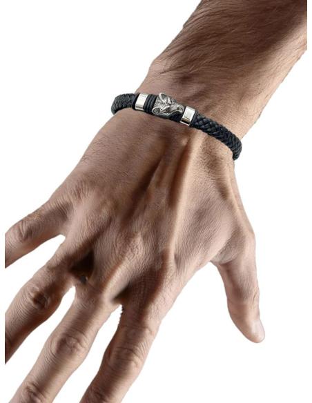 PULSERAS HOMBRE CUERO NEGRO Y CABEZA LOBO ACERO | EL JARDIN DEL DESEO