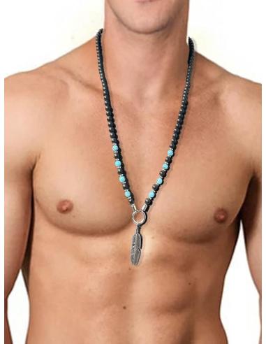 COLLARES HOMBRE NEGROS Y TURQUESAS CON PLUMA INDIA